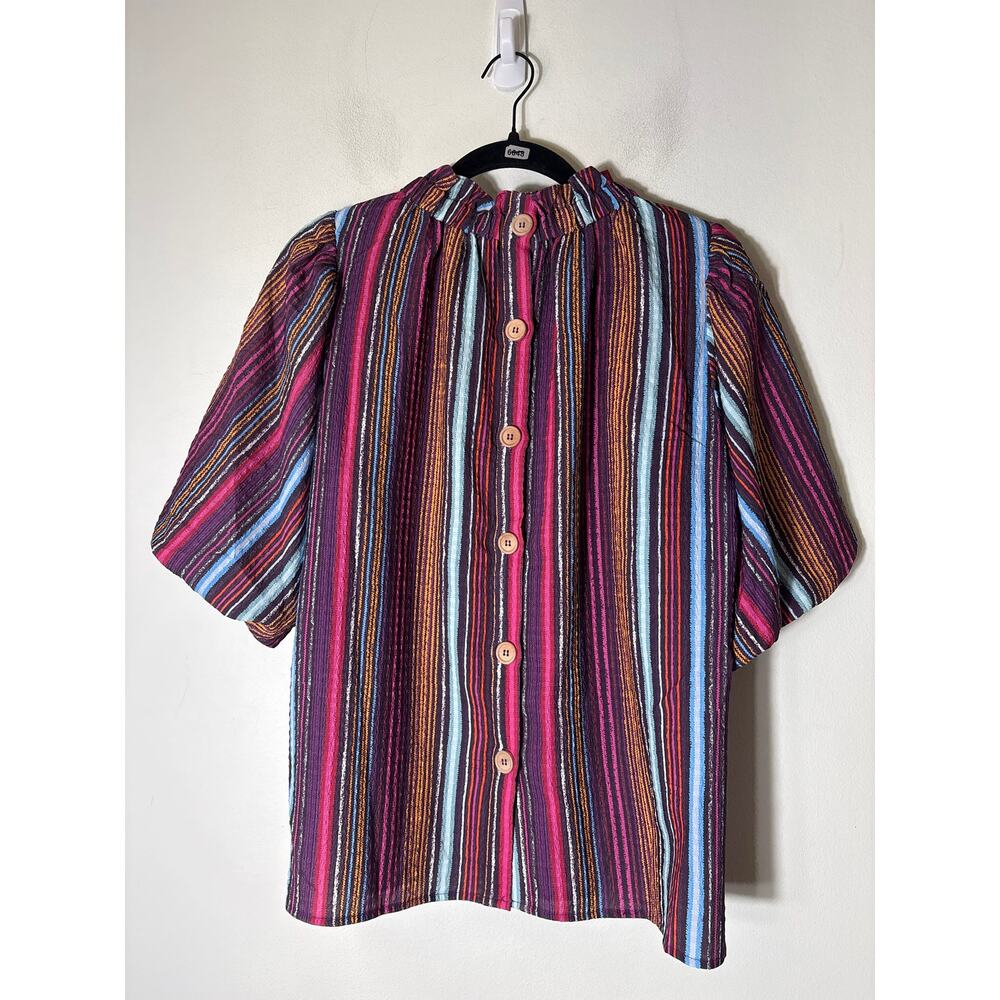 THML Multicolor Stripe Half Puff Sleeve High Collar Top Sz L - Picture 2 of 3